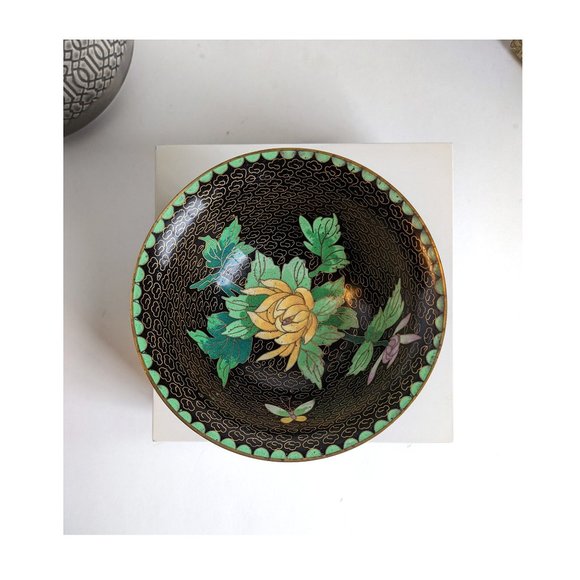 Mid Century Chinese Zi Jin Cheng Cloisonne Bowl with Brass Rims Stand & Box - Picture 7 of 9